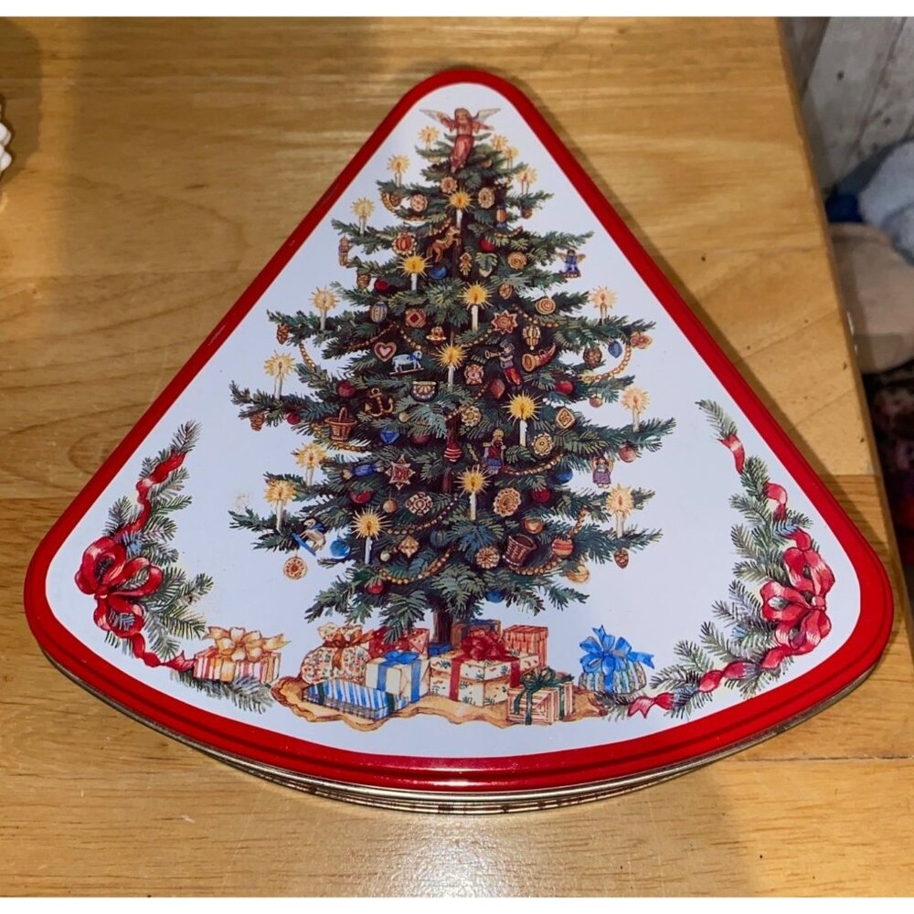 Vintage Triangle Shaped Christmas Tree Red Gold Tin Made in Hong Kong